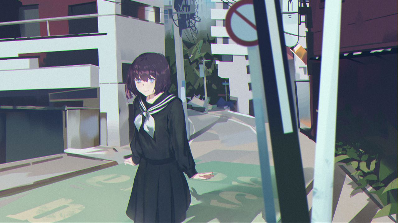 Wallpaper girl, schoolgirl, street, anime