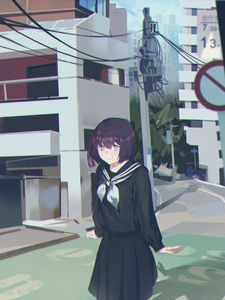 Preview wallpaper girl, schoolgirl, street, anime