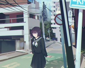 Preview wallpaper girl, schoolgirl, street, anime