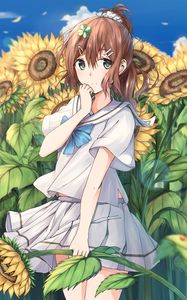 Preview wallpaper girl, schoolgirl, sunflowers, flowers, anime