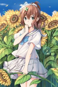 Preview wallpaper girl, schoolgirl, sunflowers, flowers, anime