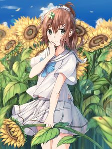 Preview wallpaper girl, schoolgirl, sunflowers, flowers, anime