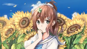 Preview wallpaper girl, schoolgirl, sunflowers, flowers, anime