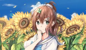 Preview wallpaper girl, schoolgirl, sunflowers, flowers, anime