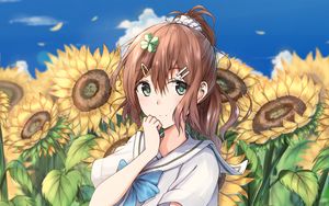 Preview wallpaper girl, schoolgirl, sunflowers, flowers, anime