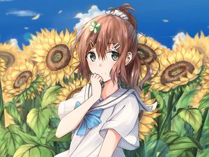 Preview wallpaper girl, schoolgirl, sunflowers, flowers, anime