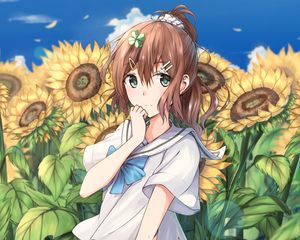 Preview wallpaper girl, schoolgirl, sunflowers, flowers, anime