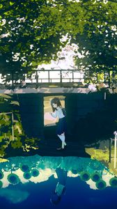Preview wallpaper girl, schoolgirl, trees, lake, anime, art