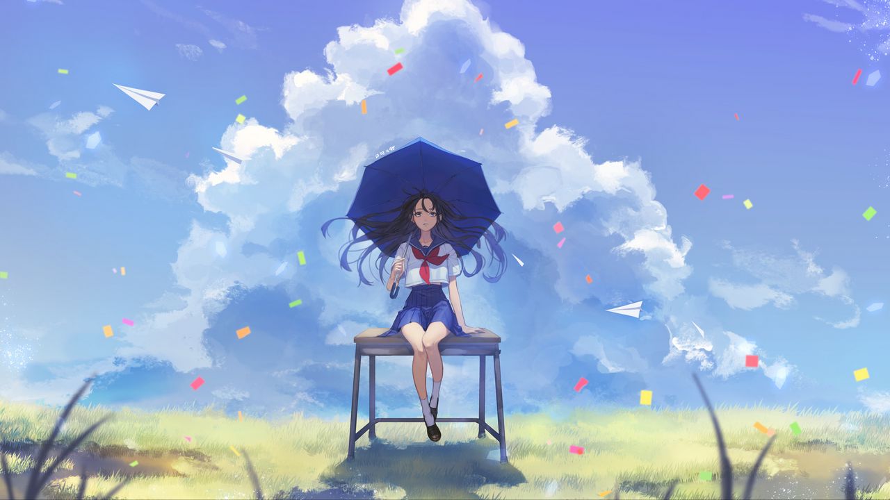 Wallpaper girl, schoolgirl, umbrella, anime, art