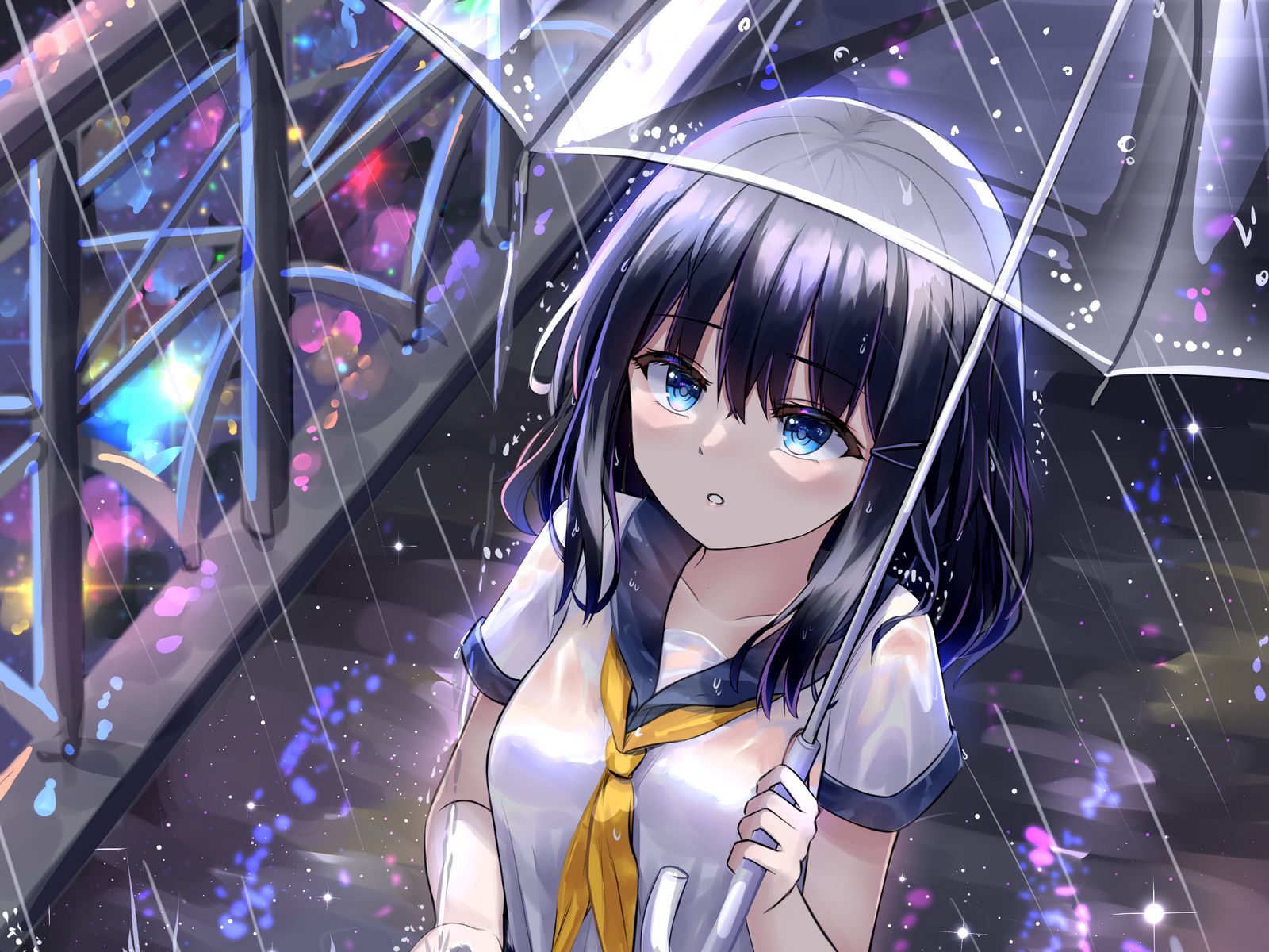 Download Wallpaper 1600x1200 Girl Schoolgirl Umbrella Rain Anime Standard 43 Hd Background