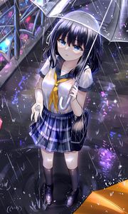 Preview wallpaper girl, schoolgirl, umbrella, rain, anime