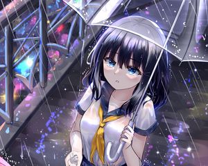 Preview wallpaper girl, schoolgirl, umbrella, rain, anime