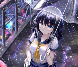 Preview wallpaper girl, schoolgirl, umbrella, rain, anime