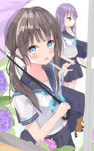 Preview wallpaper girl, schoolgirl, umbrella, braids, anime, art, cartoon