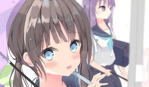 Preview wallpaper girl, schoolgirl, umbrella, braids, anime, art, cartoon