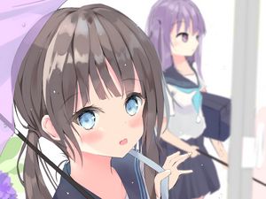 Preview wallpaper girl, schoolgirl, umbrella, braids, anime, art, cartoon