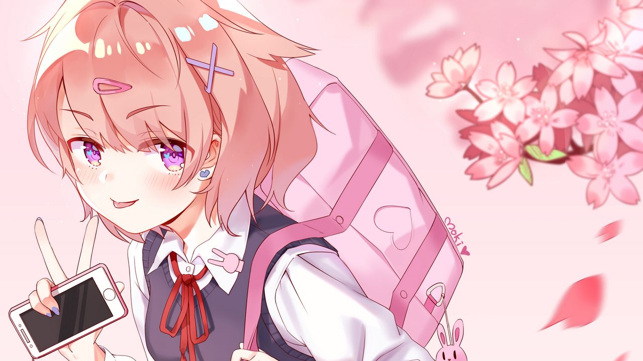 Wallpaper girl, schoolgirl, uniform, gesture, anime