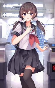 Preview wallpaper girl, schoolgirl, uniform, ponytails, anime