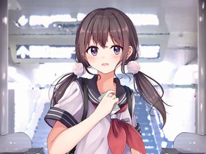 Preview wallpaper girl, schoolgirl, uniform, ponytails, anime