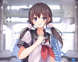 Preview wallpaper girl, schoolgirl, uniform, ponytails, anime