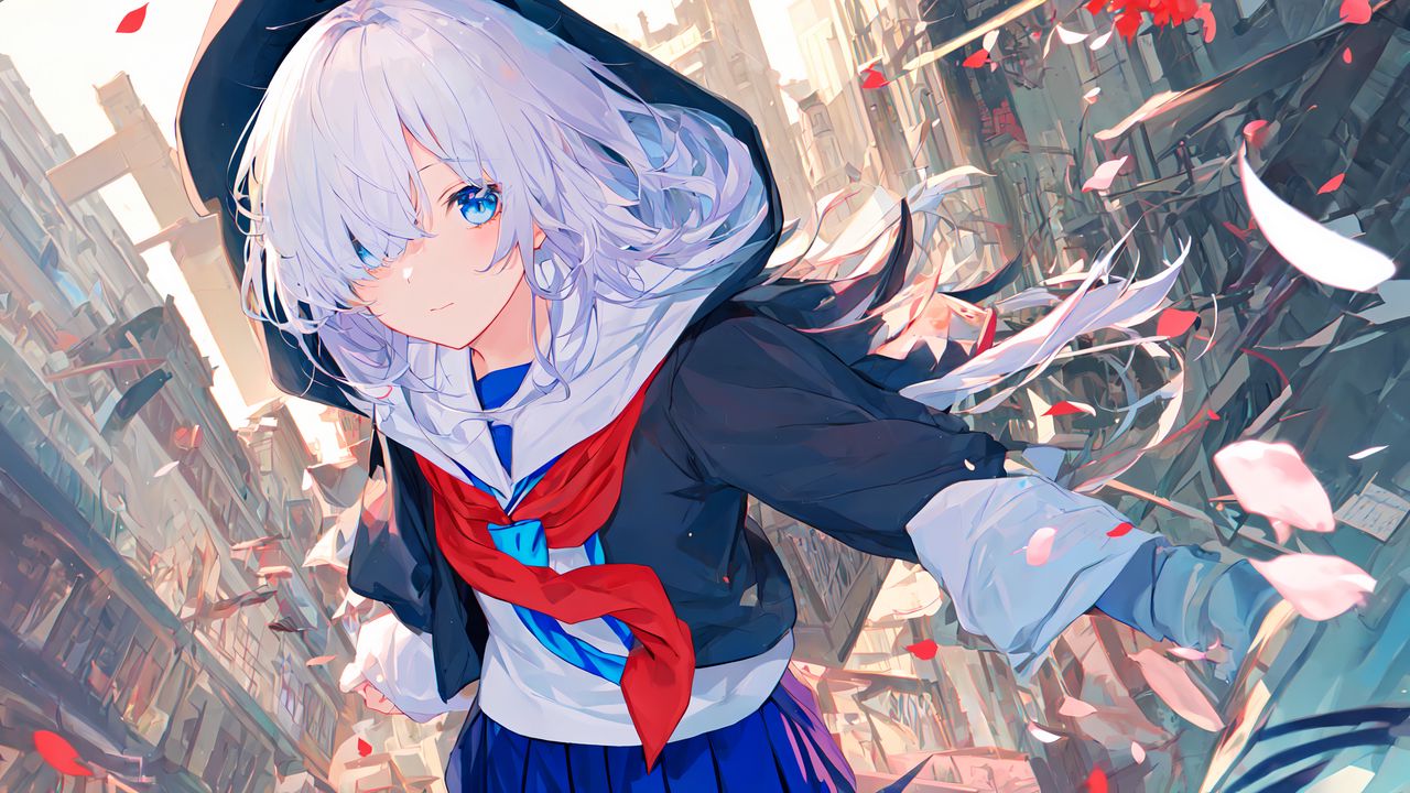 Wallpaper girl, schoolgirl, uniform, hood, anime