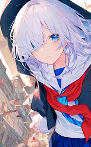 Preview wallpaper girl, schoolgirl, uniform, hood, anime