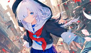 Preview wallpaper girl, schoolgirl, uniform, hood, anime