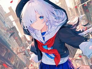 Preview wallpaper girl, schoolgirl, uniform, hood, anime