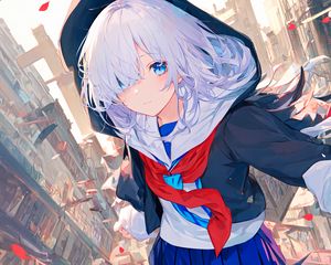 Preview wallpaper girl, schoolgirl, uniform, hood, anime