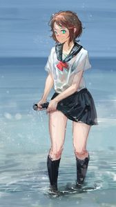 Preview wallpaper girl, schoolgirl, water, wet, anime