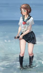 Preview wallpaper girl, schoolgirl, water, wet, anime