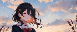 Preview wallpaper girl, schoolgirl, wind, field, anime