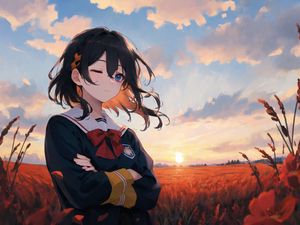 Preview wallpaper girl, schoolgirl, wind, field, anime