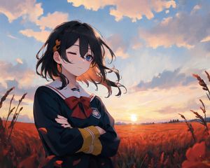 Preview wallpaper girl, schoolgirl, wind, field, anime