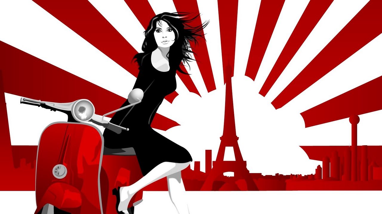 Wallpaper girl, scooter, paris, eiffel tower, walk, line