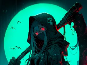 Preview wallpaper girl, scythe, moon, night, skull, death, anime