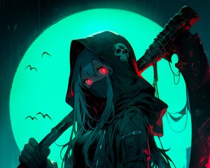 Preview wallpaper girl, scythe, moon, night, skull, death, anime