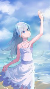 Preview wallpaper girl, sea, beach, drops, anime, art