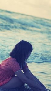 Preview wallpaper girl, sea, beach, clothes, water, evening