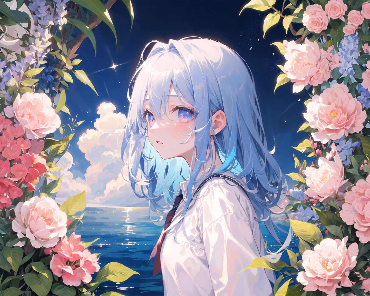 Download wallpaper 1280x1024 girl, sea, flowers, anime standard 5:4 hd ...