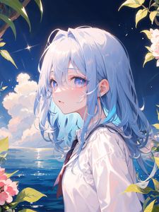 Preview wallpaper girl, sea, flowers, anime