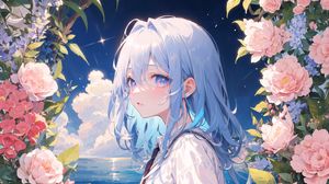 Preview wallpaper girl, sea, flowers, anime
