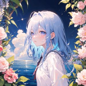 Preview wallpaper girl, sea, flowers, anime