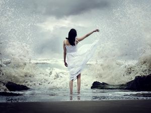 Preview wallpaper girl, sea, surf, dress, spray