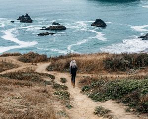 Preview wallpaper girl, sea, walk, travel, rocks, stones, shore