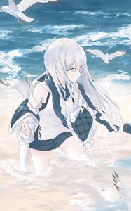 Preview wallpaper girl, seagulls, birds, sea, water, anime