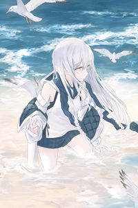 Preview wallpaper girl, seagulls, birds, sea, water, anime