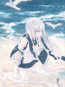 Preview wallpaper girl, seagulls, birds, sea, water, anime