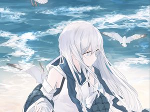 Preview wallpaper girl, seagulls, birds, sea, water, anime