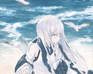 Preview wallpaper girl, seagulls, birds, sea, water, anime